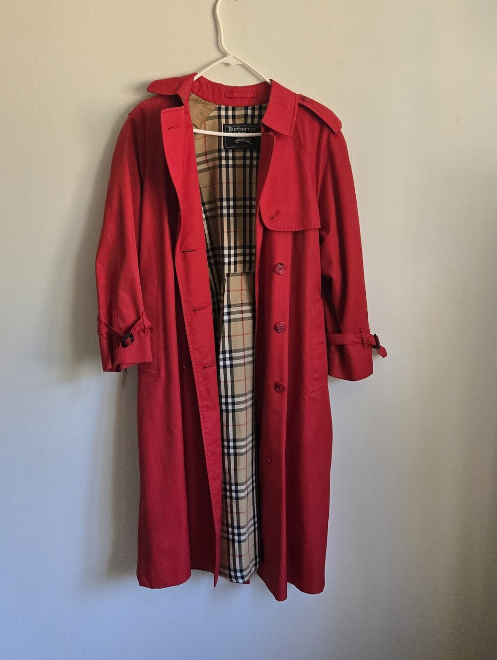 vintage red Burberry Gabardine Double Breasted Plaid Lining trench coat